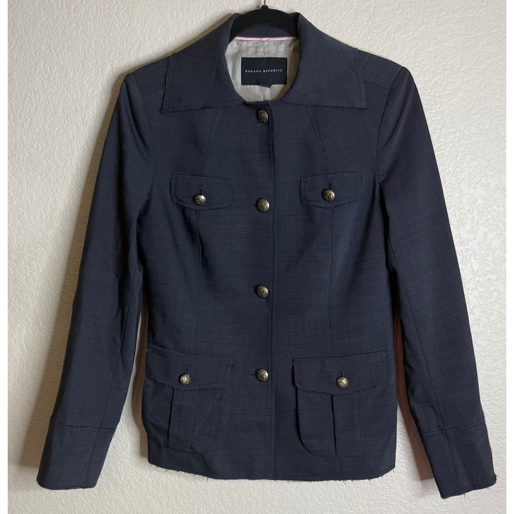 Banana Republic Womens 6 Greyish Blue Wool Safari Jacket Blazer Military Utility